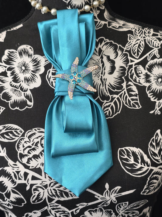 Teal Necktie Necklace: Rhinestone Starfish Brooch, Women's Fashion Tie
