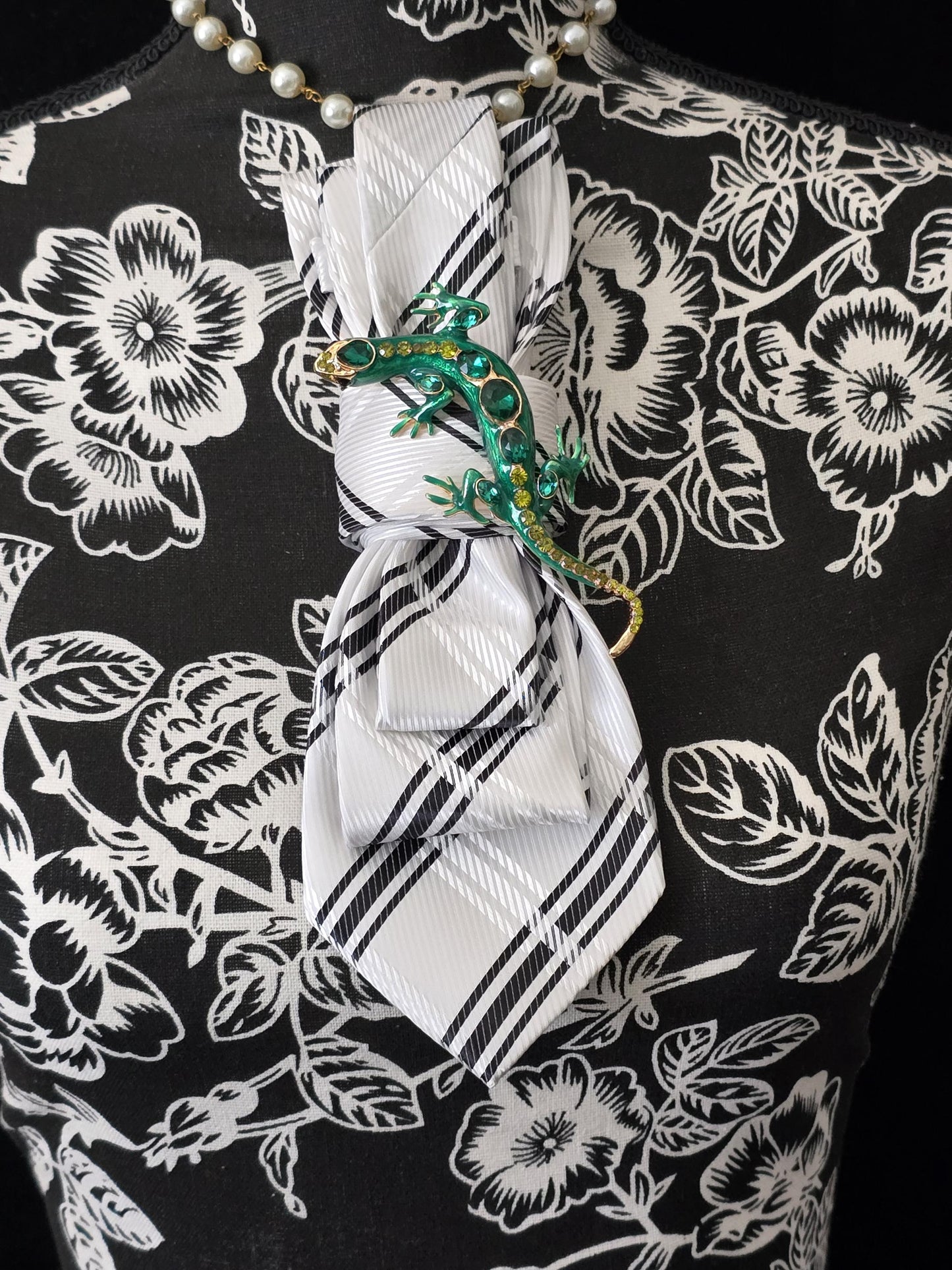 Stylish Black and White Stripe Women’s Necktie Necklace - Brooch Necklace - Handcrafted Statement Jewelry -Stylish Neckwear For Women