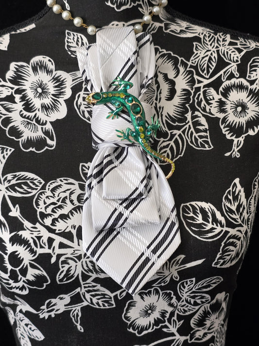 Stylish Black and White Stripe Women’s Necktie Necklace - Brooch Necklace - Handcrafted Statement Jewelry -Stylish Neckwear For Women