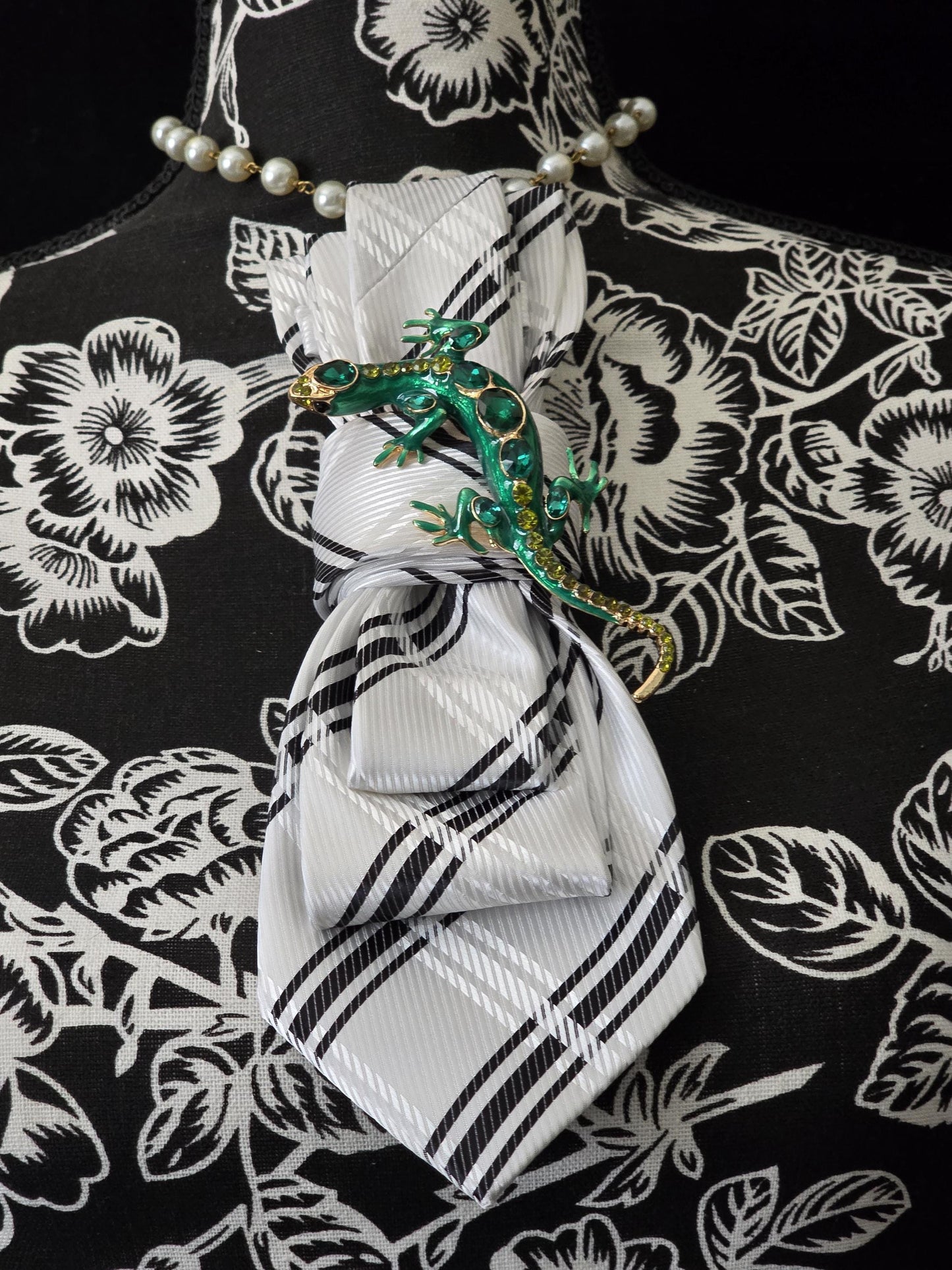 Stylish Black and White Stripe Women’s Necktie Necklace - Brooch Necklace - Handcrafted Statement Jewelry -Stylish Neckwear For Women