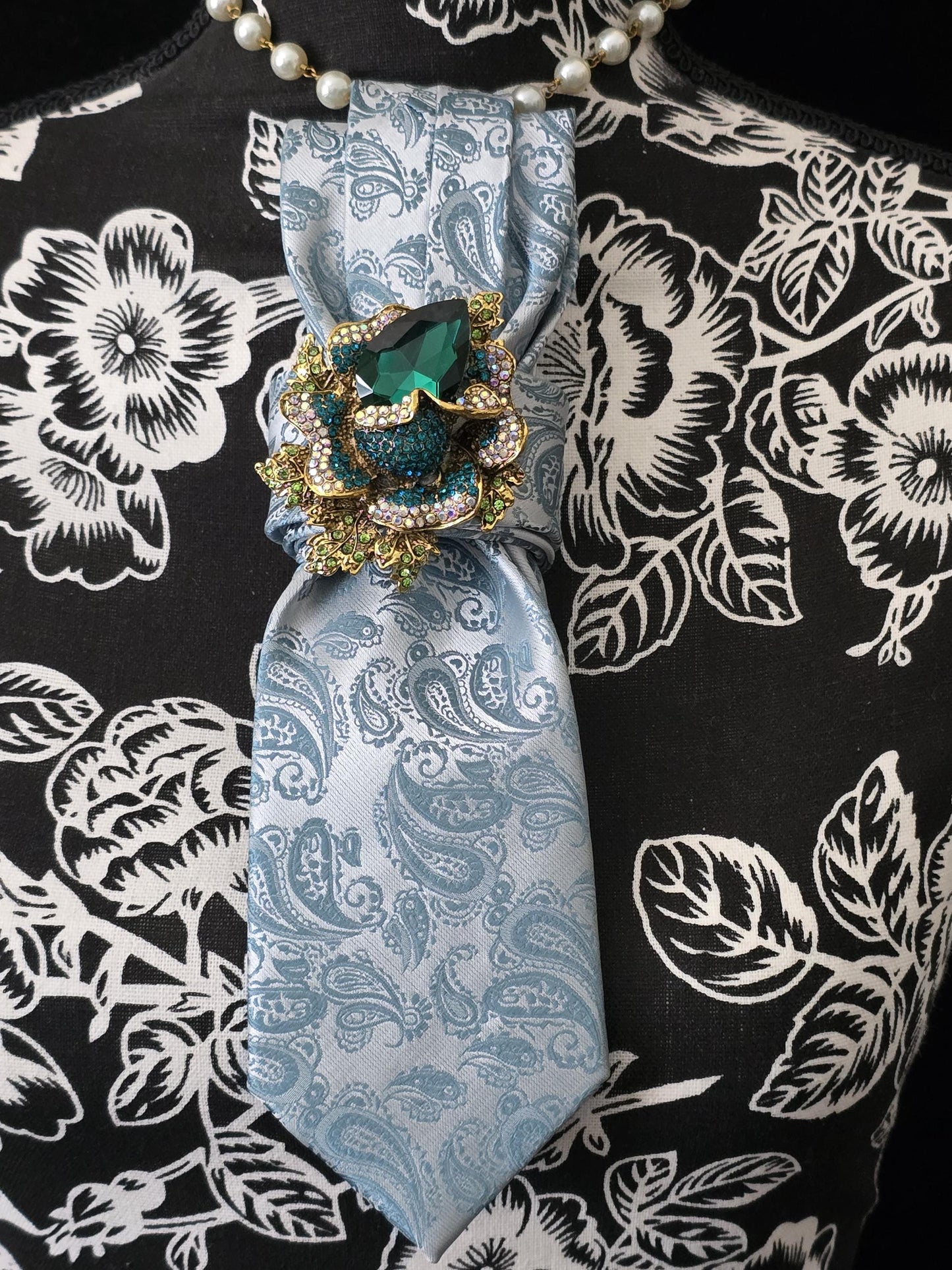 Crystal Flower Brooch- Teal Paisley Women's Necktie Necklace - Handcrafted Jewelry - Brooch Necktie - Stylish Neckwear For Women