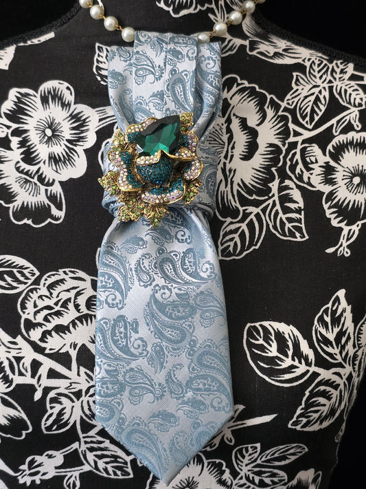 Crystal Flower Brooch- Teal Paisley Women's Necktie Necklace - Handcrafted Jewelry - Brooch Necktie - Stylish Neckwear For Women