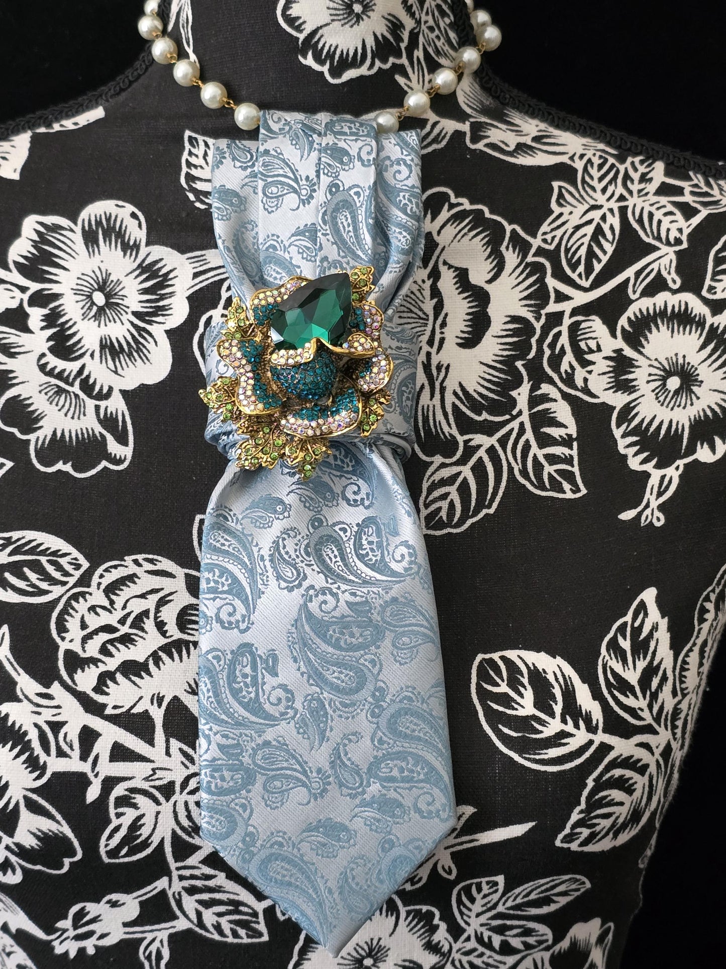 Crystal Flower Brooch- Teal Paisley Women's Necktie Necklace - Handcrafted Jewelry - Brooch Necktie - Stylish Neckwear For Women