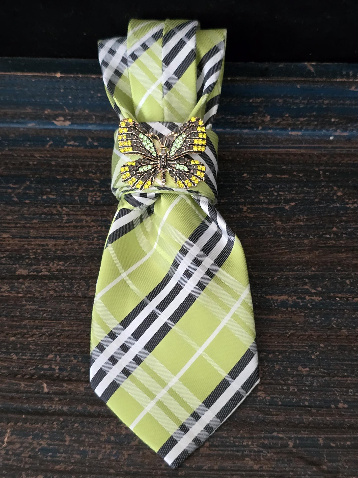 Lime and Black Plaid Women's Necktie Necklace - Handcrafted Jewelry - Brooch Necktie - Stylish Neckwear For Women