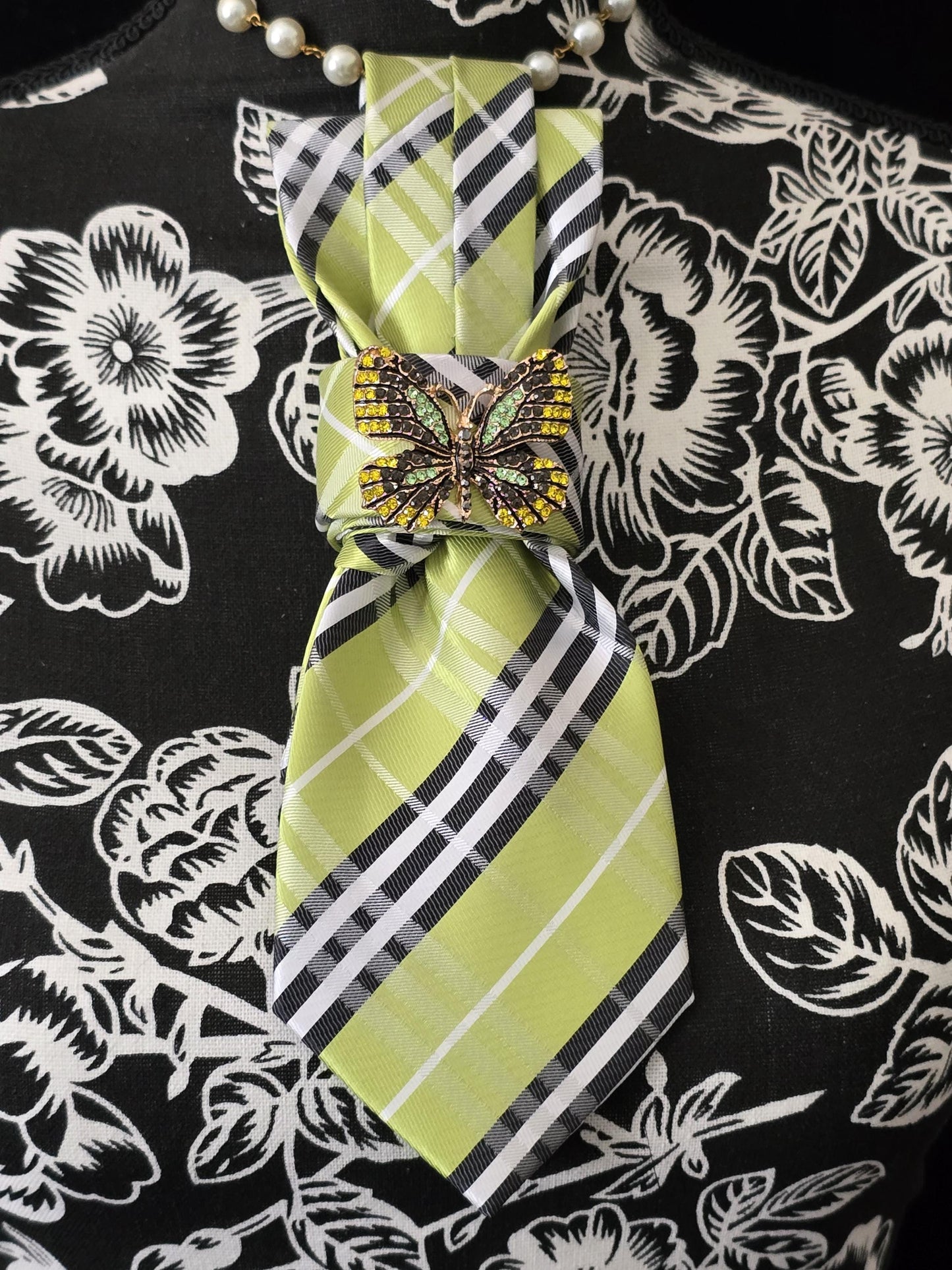 Lime and Black Plaid Women's Necktie Necklace - Handcrafted Jewelry - Brooch Necktie - Stylish Neckwear For Women