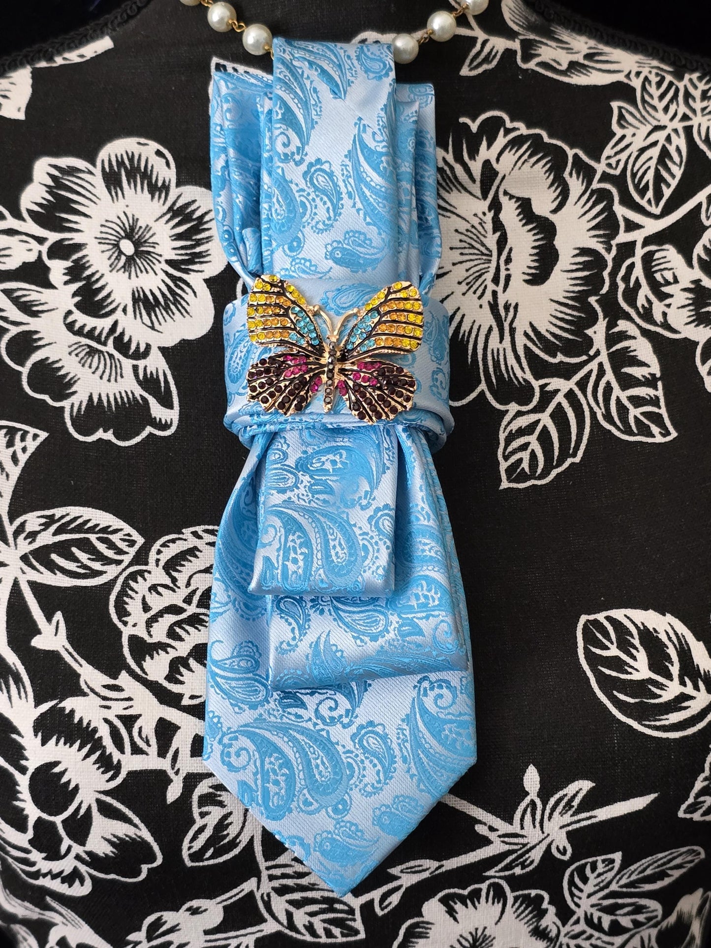 Blue Paisley Women's Necktie Necklace - Handcrafted Jewelry - Brooch Necktie - Stylish Neckwear For Women