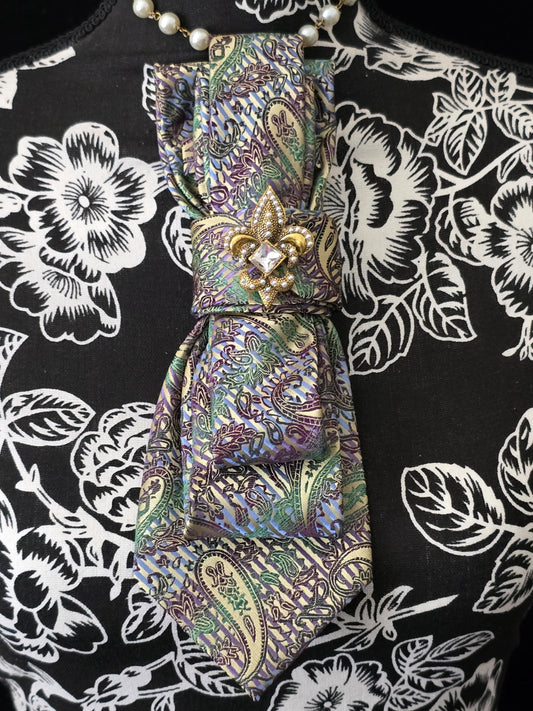 Paisley Silk Necktie Necklace: Fleur-de-lis Brooch, Adjustable Chain