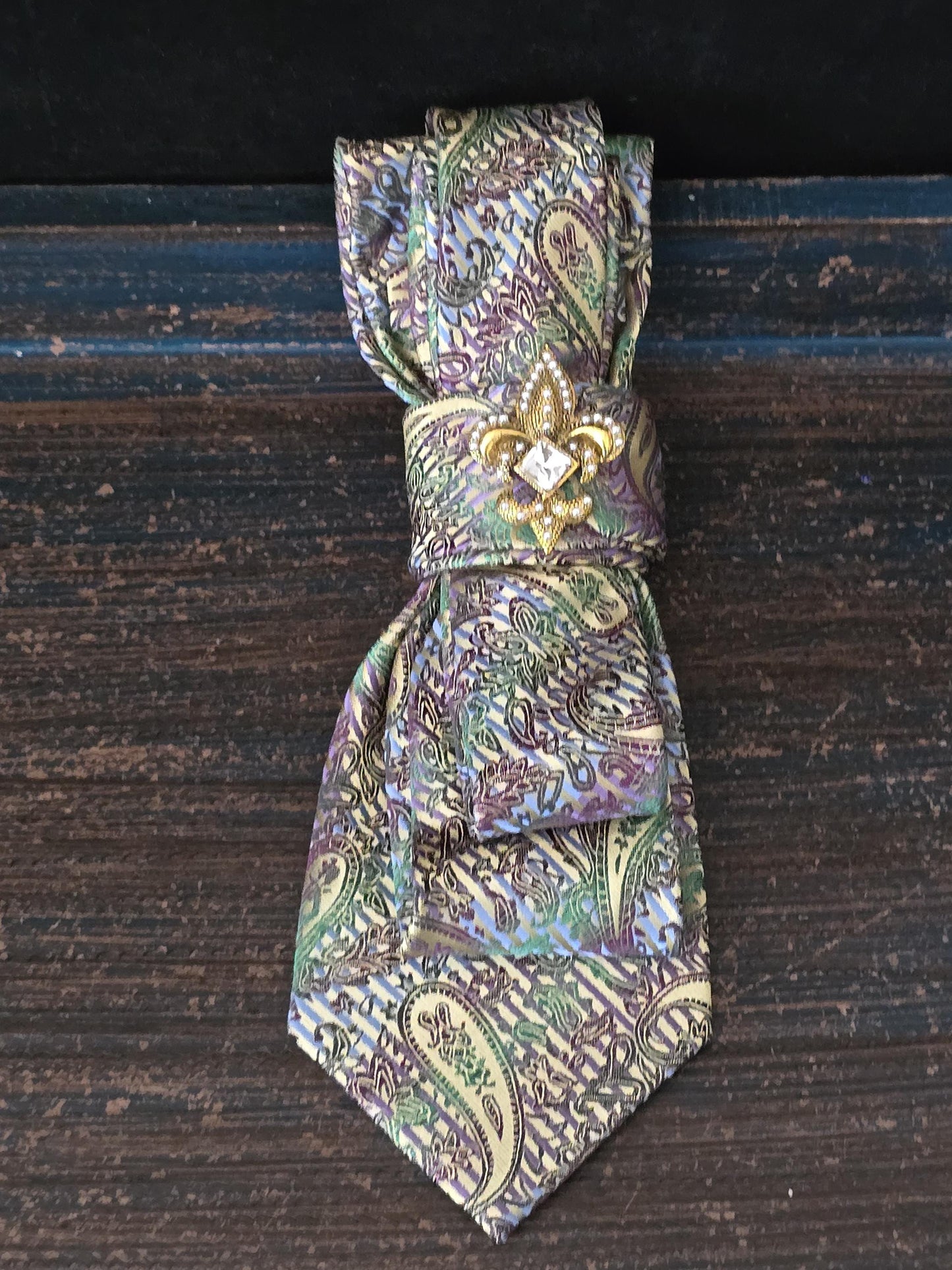 Paisley Silk Necktie Necklace: Fleur-de-lis Brooch, Adjustable Chain