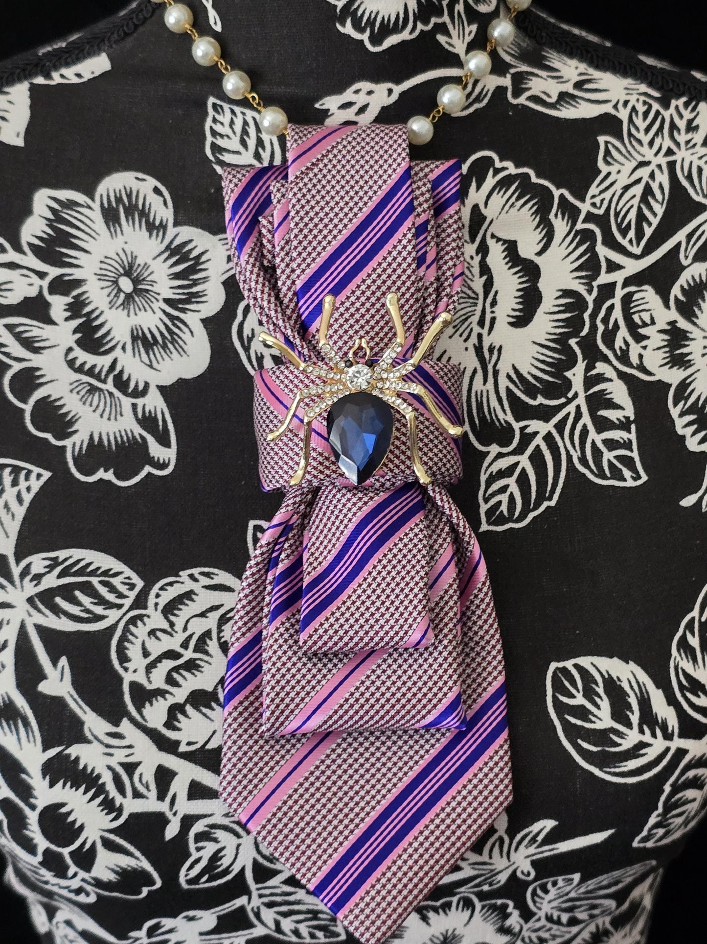 Pink & Blue Stripe Necktie Necklace: Spider Brooch, Rosary Chain