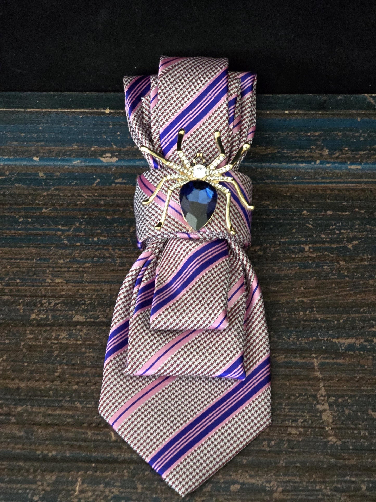 Pink & Blue Stripe Necktie Necklace: Spider Brooch, Rosary Chain