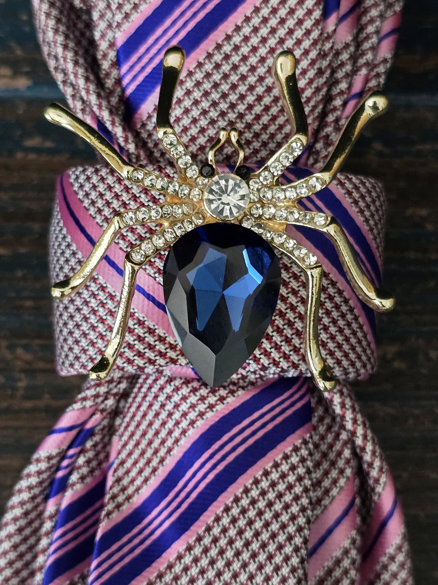 Pink & Blue Stripe Necktie Necklace: Spider Brooch, Rosary Chain