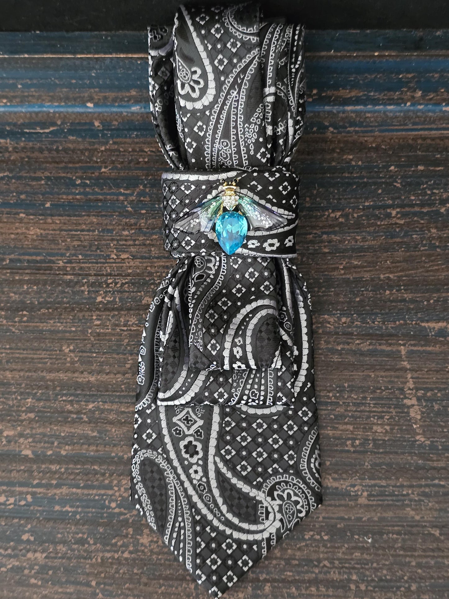 Black & White Paisley Tie Necklace: Silk Brooch Neckwear