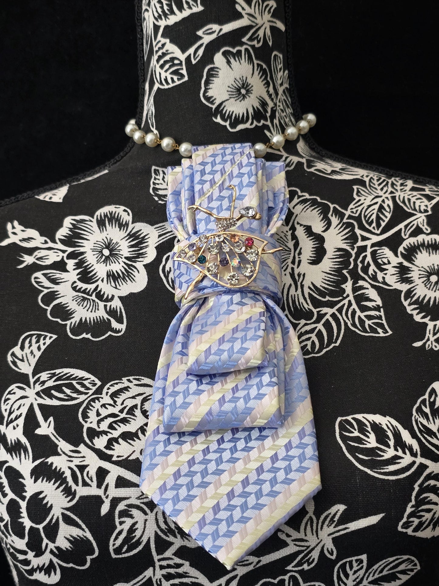 Ballerina Brooch Necktie Necklace: Baby Blue Silk Tie, Rhinestone Ballerina