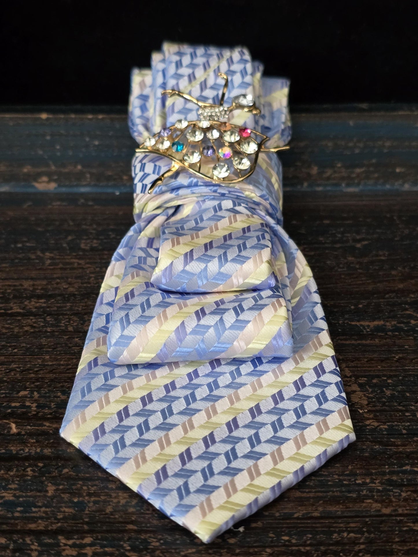 Ballerina Brooch Necktie Necklace: Baby Blue Silk Tie, Rhinestone Ballerina
