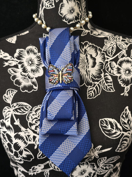 Simple Blue Stripe Women's Tie- Butterfly Brooch Necklace - Brooch Necktie - Stylish Neckwear For Women