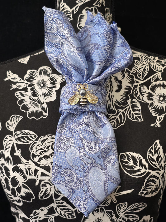 Blue Paisley Silk Necktie Necklace: Rhinestone Bee Brooch