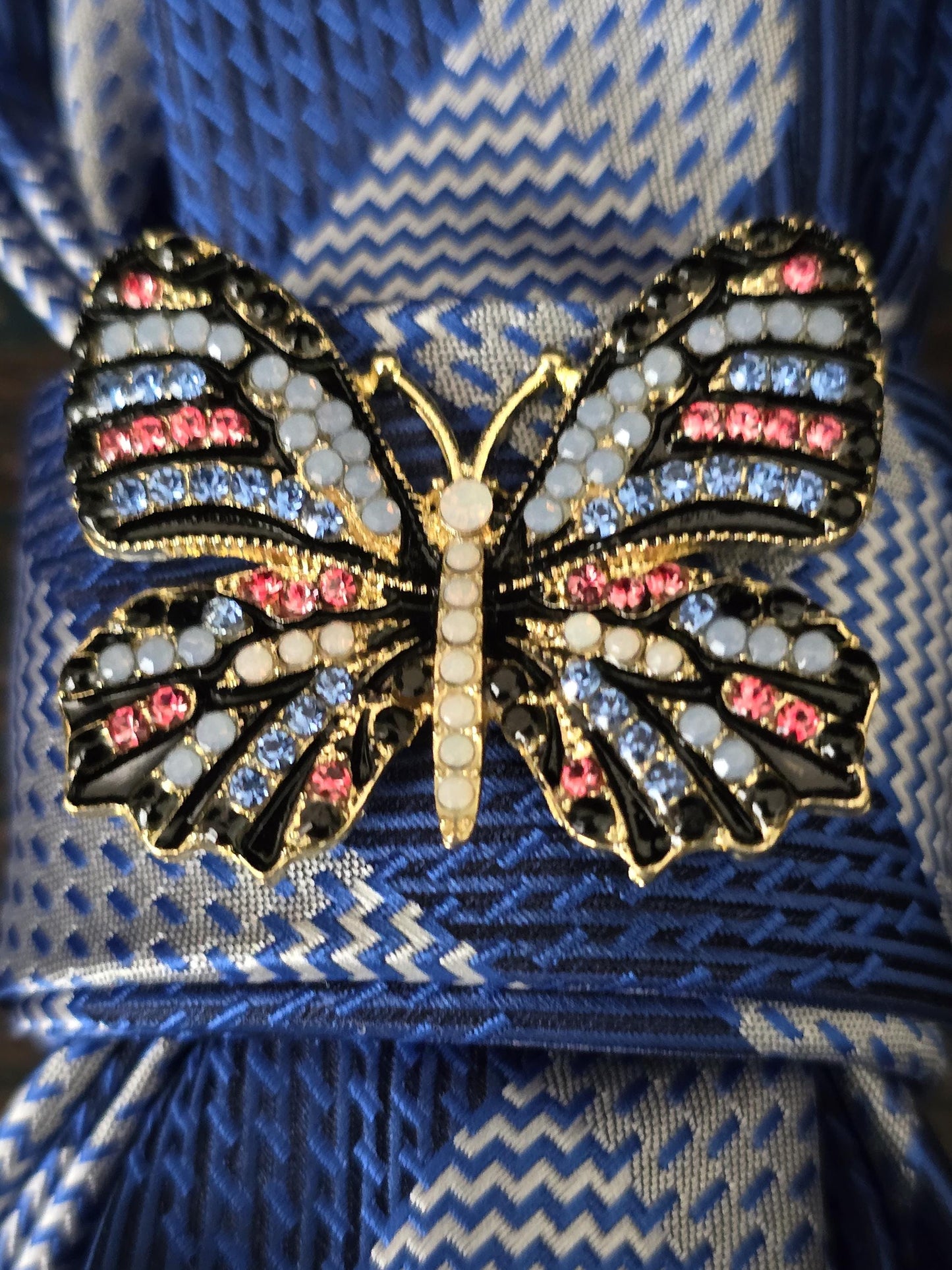 Simple Blue Stripe Women's Tie- Butterfly Brooch Necklace - Brooch Necktie - Stylish Neckwear For Women