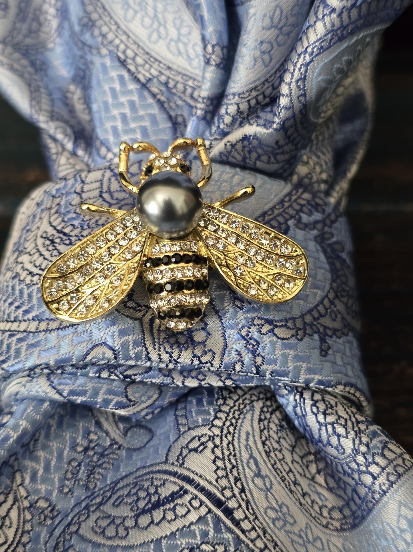 Blue Paisley Silk Necktie Necklace: Rhinestone Bee Brooch