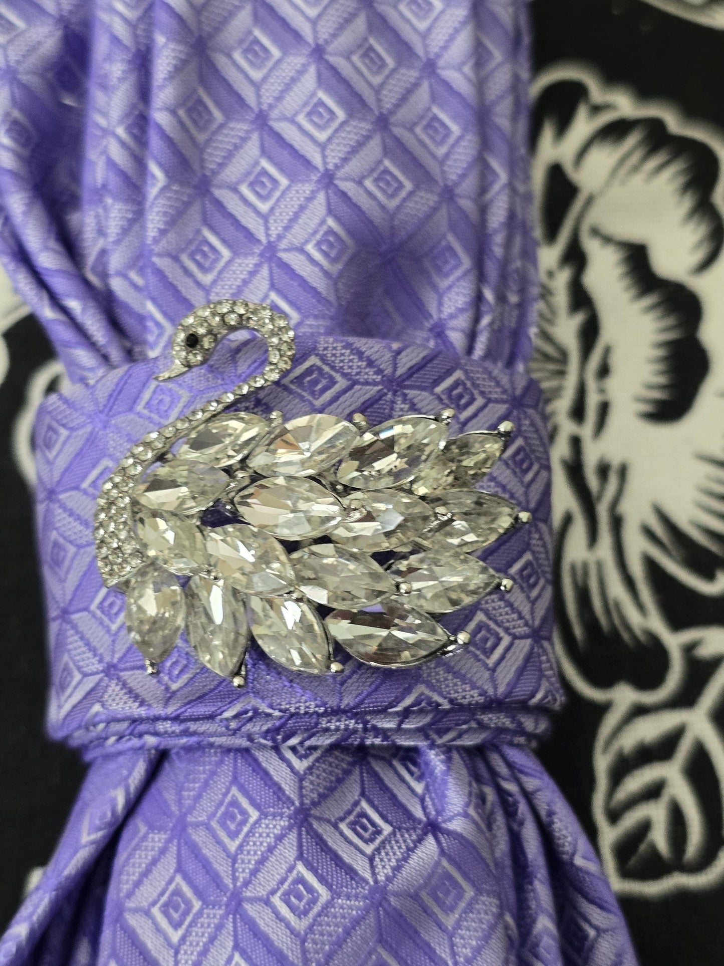 Purple Silk Necktie Necklace: Crystal Swan Brooch, Adjustable Rosary Chain