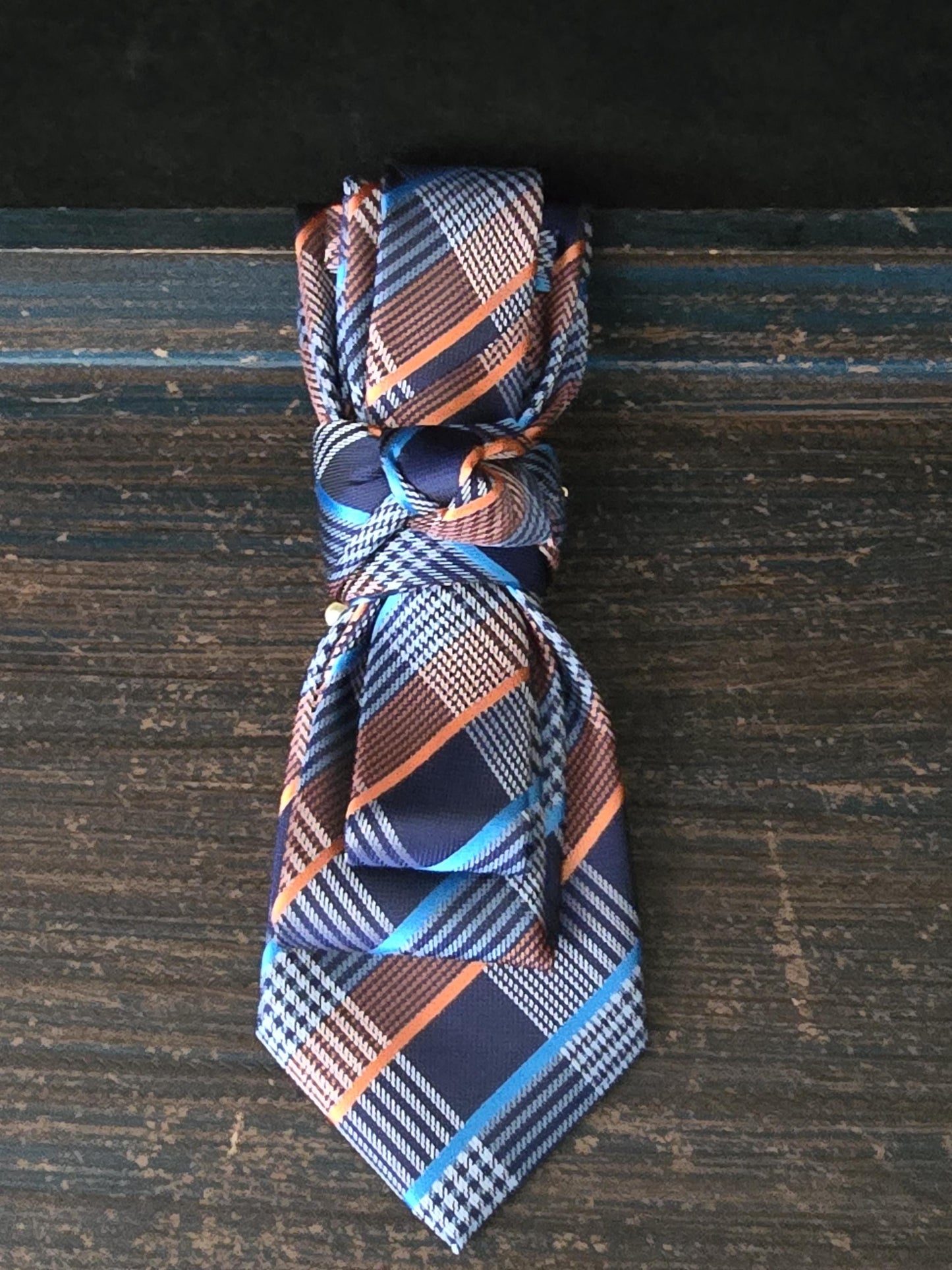 Women's Blue and Orange Plaid Necktie Necklace - Handcrafted Statement Jewelry - Brooch Necktie For Women