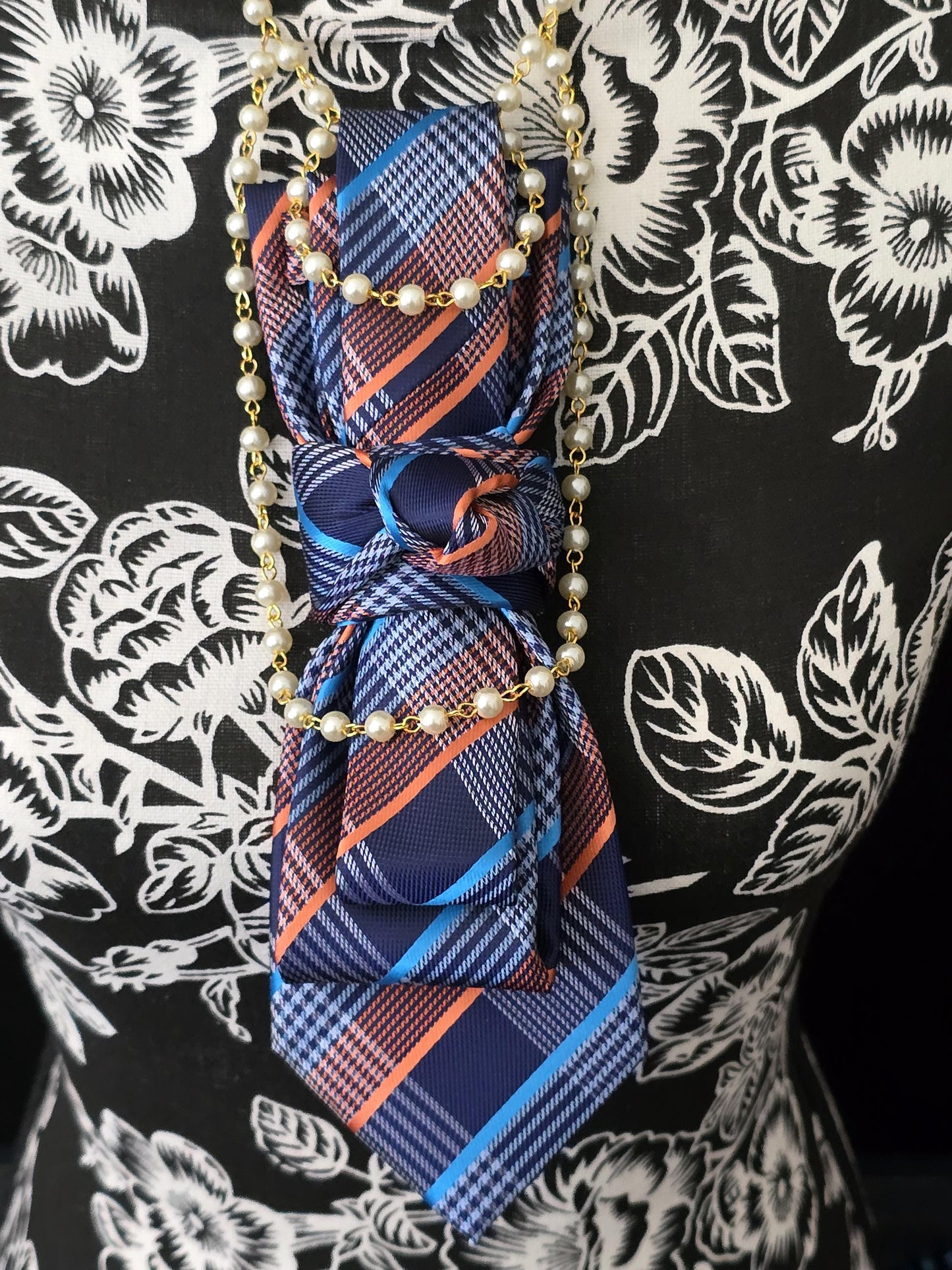 Women's Blue and Orange Plaid Necktie Necklace - Handcrafted Statement Jewelry - Brooch Necktie For Women