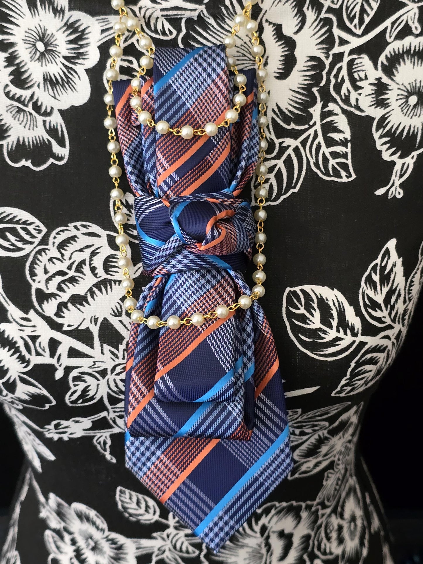 Women's Blue and Orange Plaid Necktie Necklace - Handcrafted Statement Jewelry - Brooch Necktie For Women
