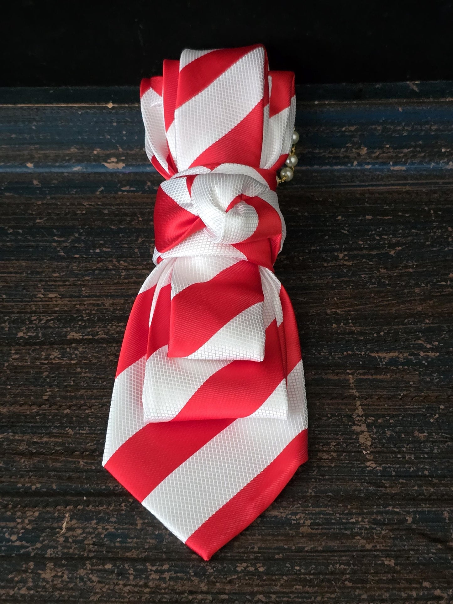 Women's Red and White Striped Necktie Necklace - Handcrafted Statement Jewelry - Brooch Necktie For Women