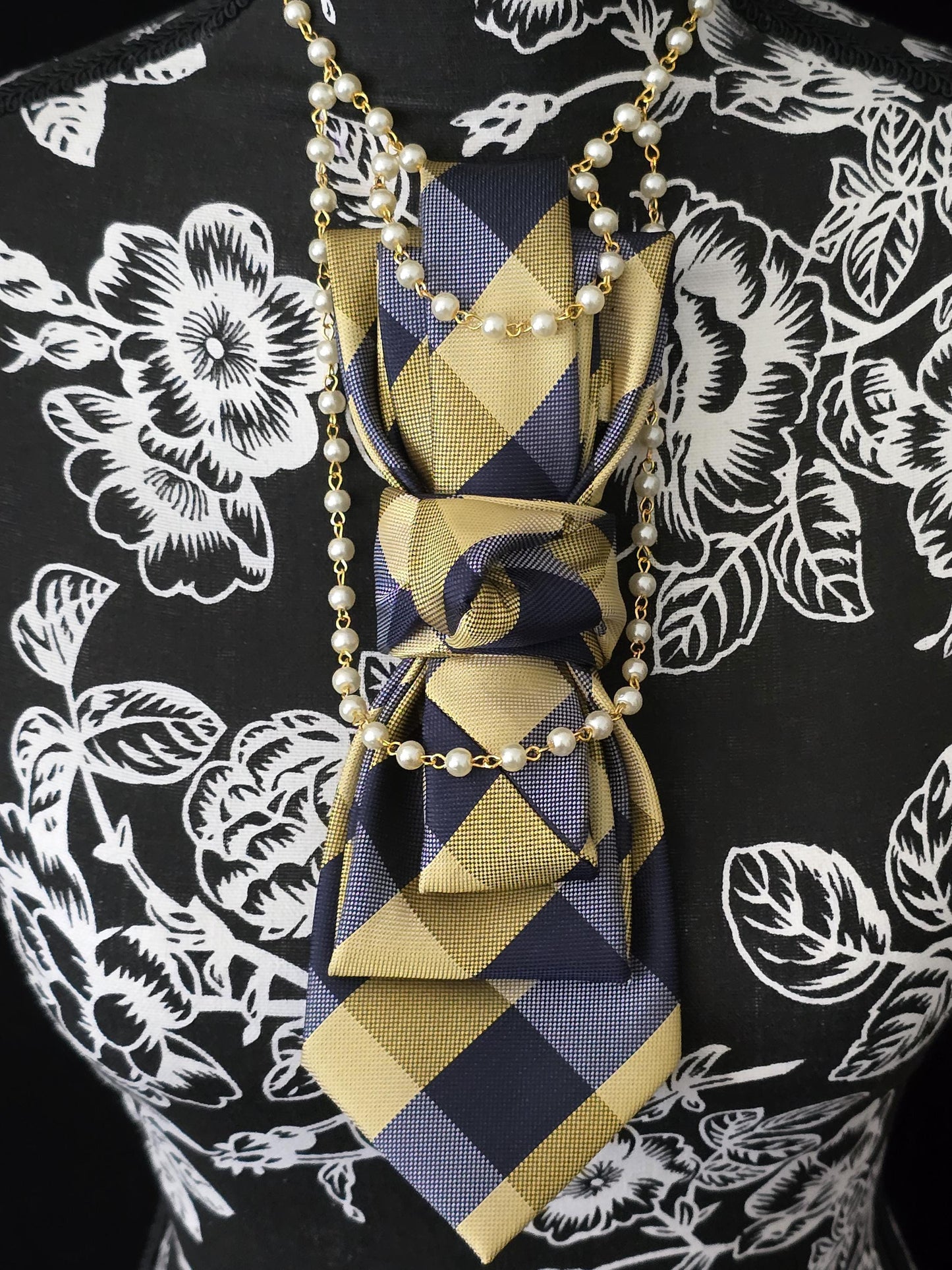 Women's Blue and Gold Plaid Necktie Necklace - Handcrafted Statement Jewelry - Brooch Necktie For Women