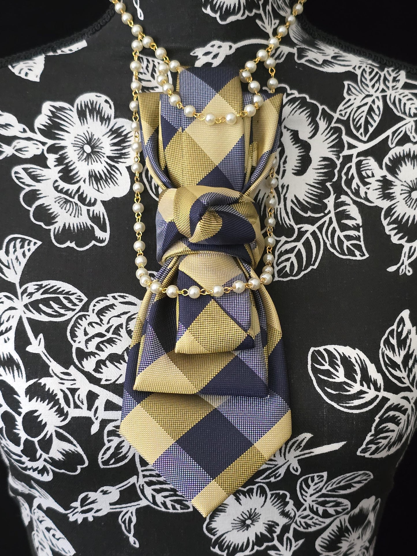 Women's Blue and Gold Plaid Necktie Necklace - Handcrafted Statement Jewelry - Brooch Necktie For Women