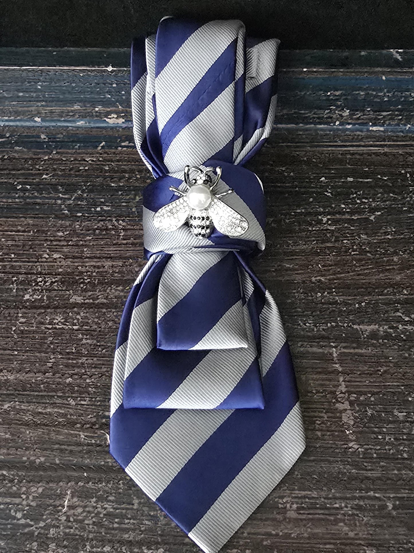 Blue Gray Stripe Silk Necktie Necklace: Rhinestone Bee Brooch