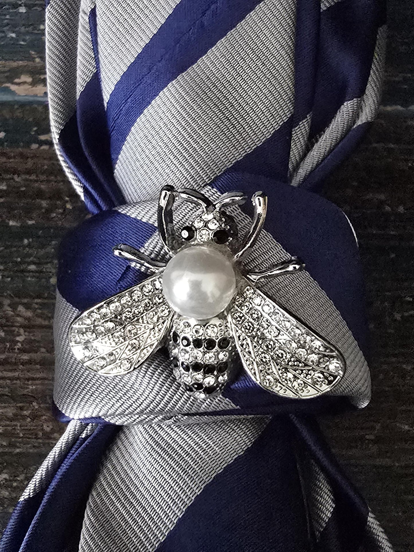 Blue Gray Stripe Silk Necktie Necklace: Rhinestone Bee Brooch