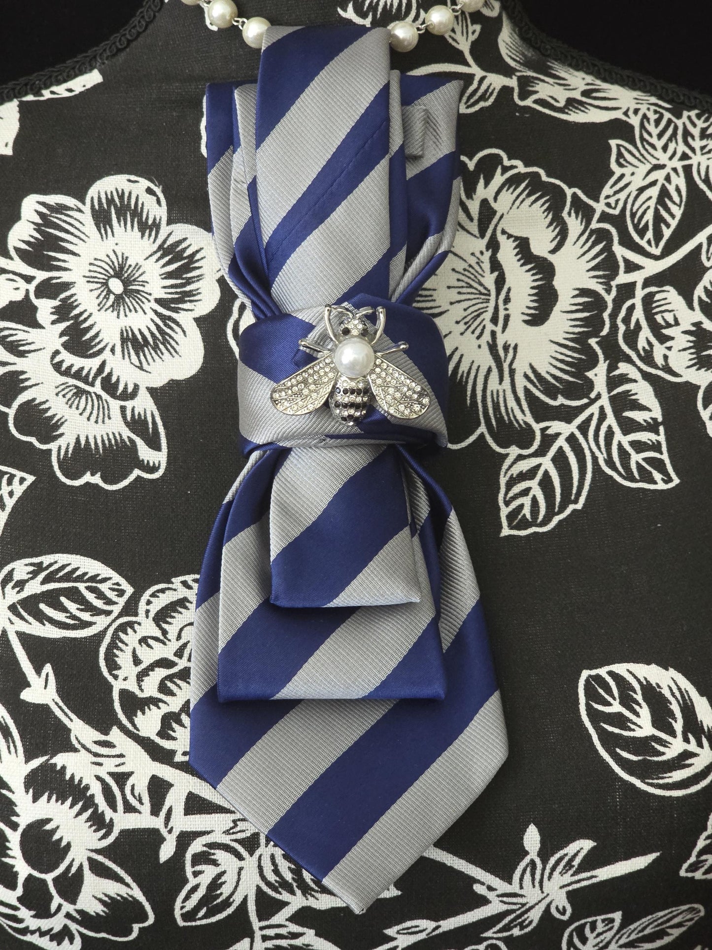 Blue Gray Stripe Silk Necktie Necklace: Rhinestone Bee Brooch