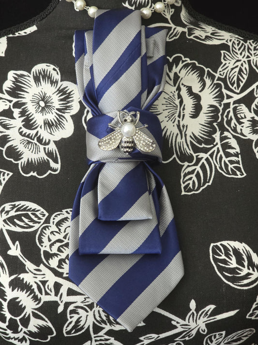 Blue Gray Stripe Silk Necktie Necklace: Rhinestone Bee Brooch