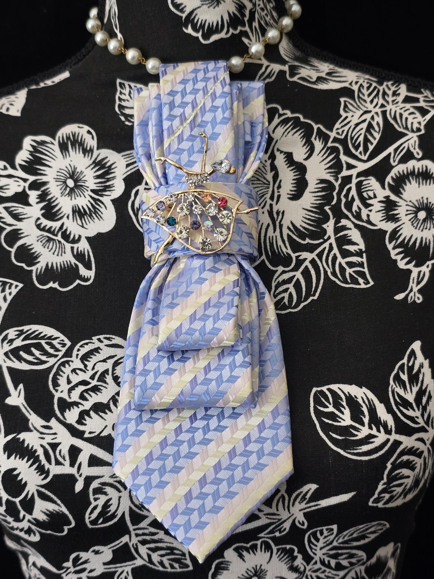 Ballerina Brooch Necktie Necklace: Baby Blue Silk Tie, Rhinestone Ballerina