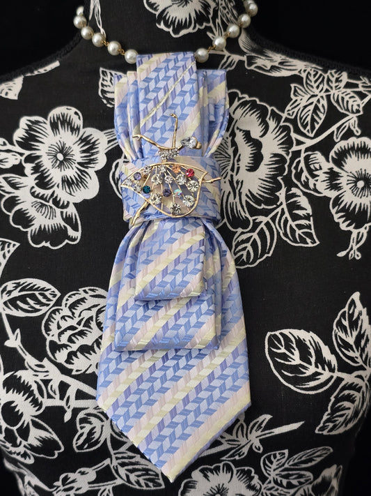 Ballerina Brooch Necktie Necklace: Baby Blue Silk Tie, Rhinestone Ballerina