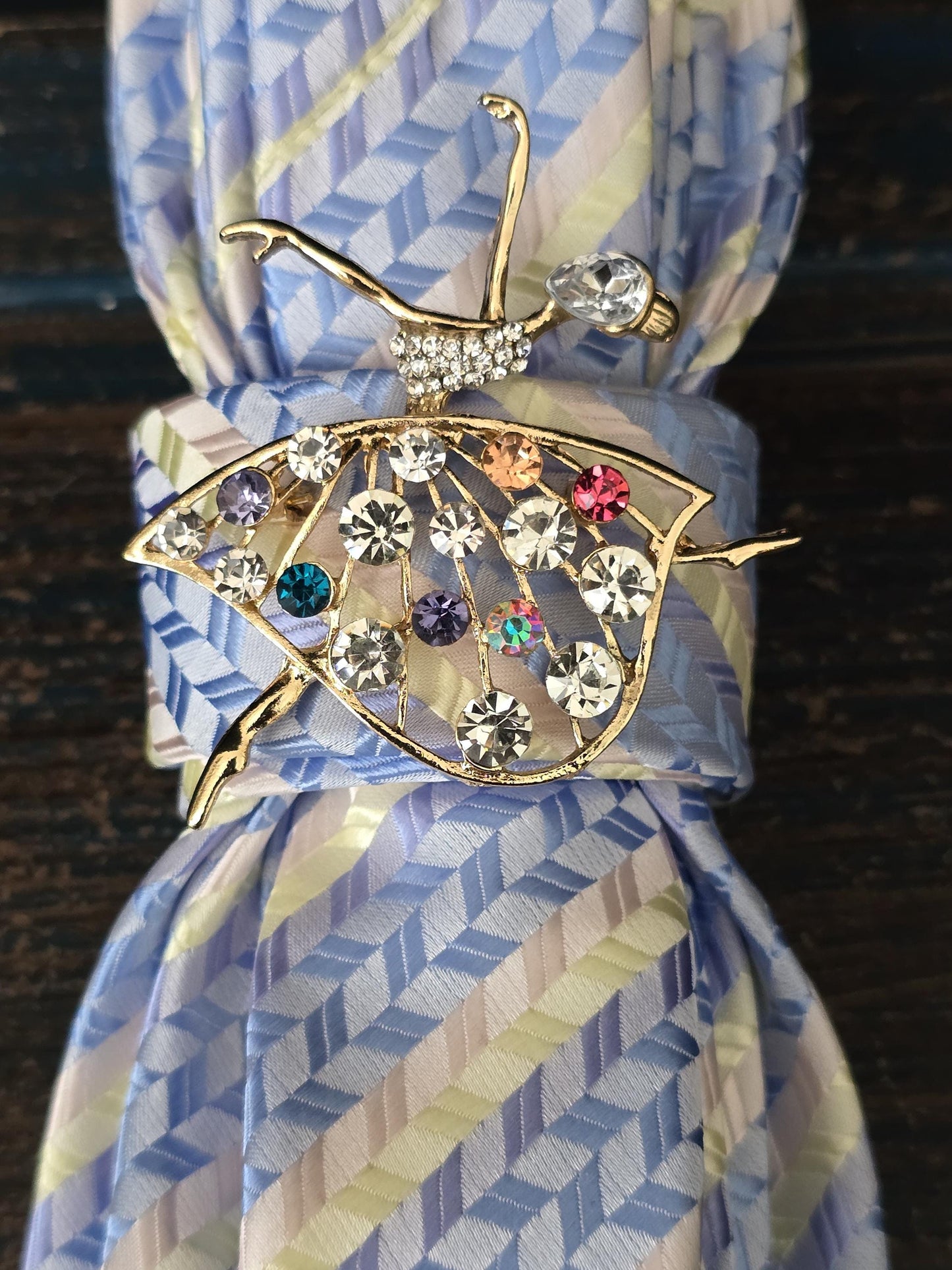 Ballerina Brooch Necktie Necklace: Baby Blue Silk Tie, Rhinestone Ballerina