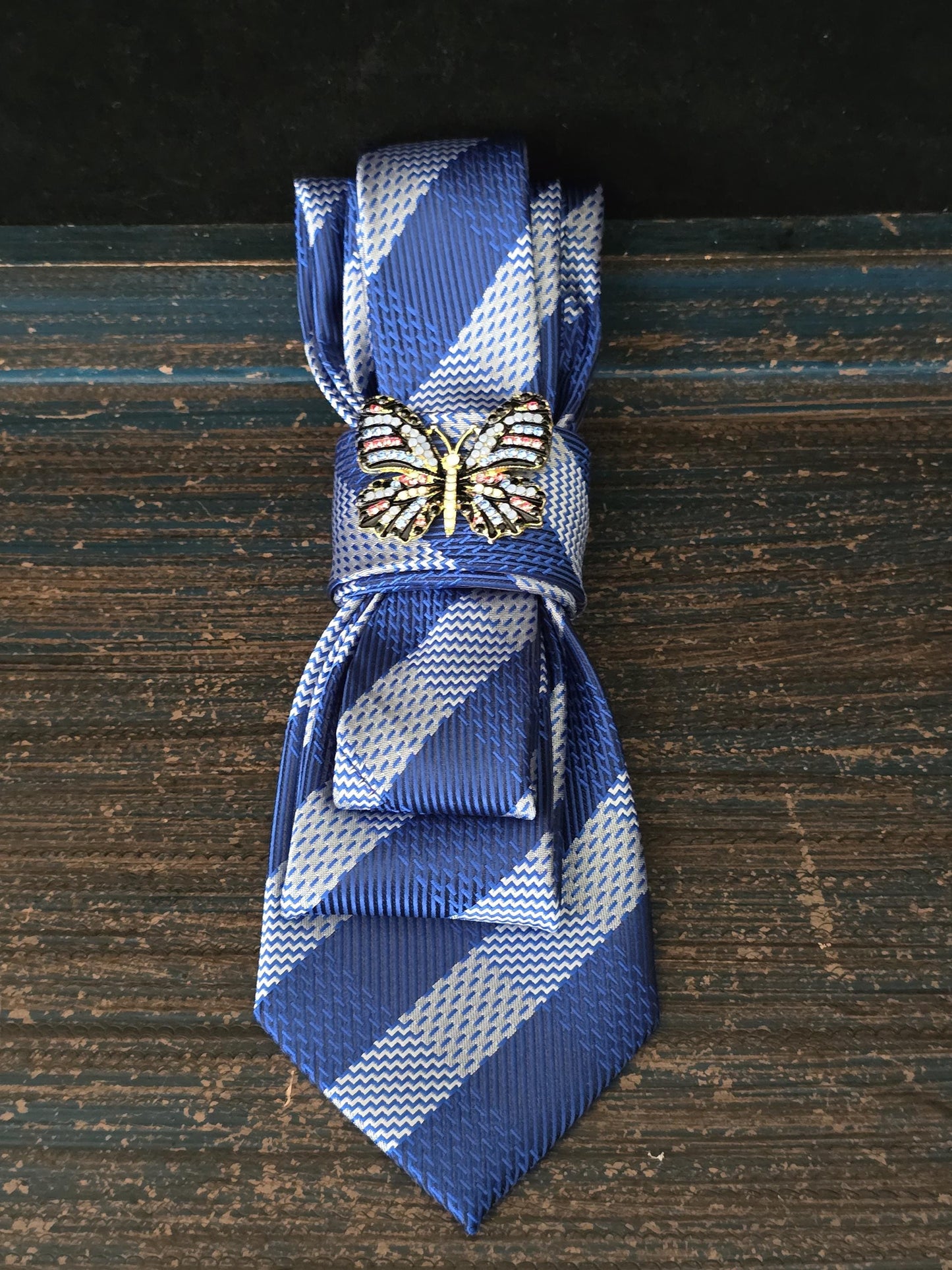 Simple Blue Stripe Women's Tie- Butterfly Brooch Necklace - Brooch Necktie - Stylish Neckwear For Women