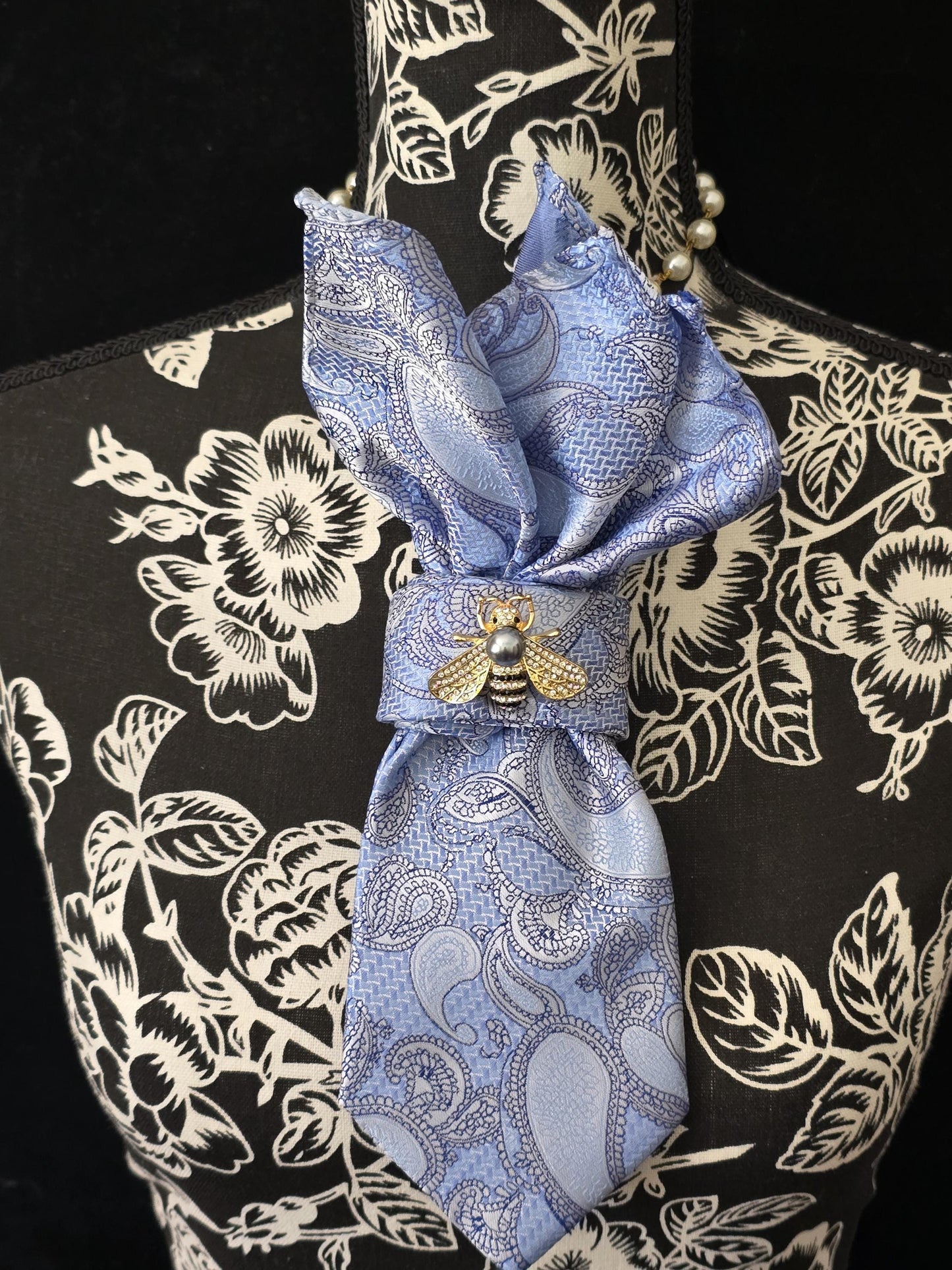 Blue Paisley Silk Necktie Necklace: Rhinestone Bee Brooch