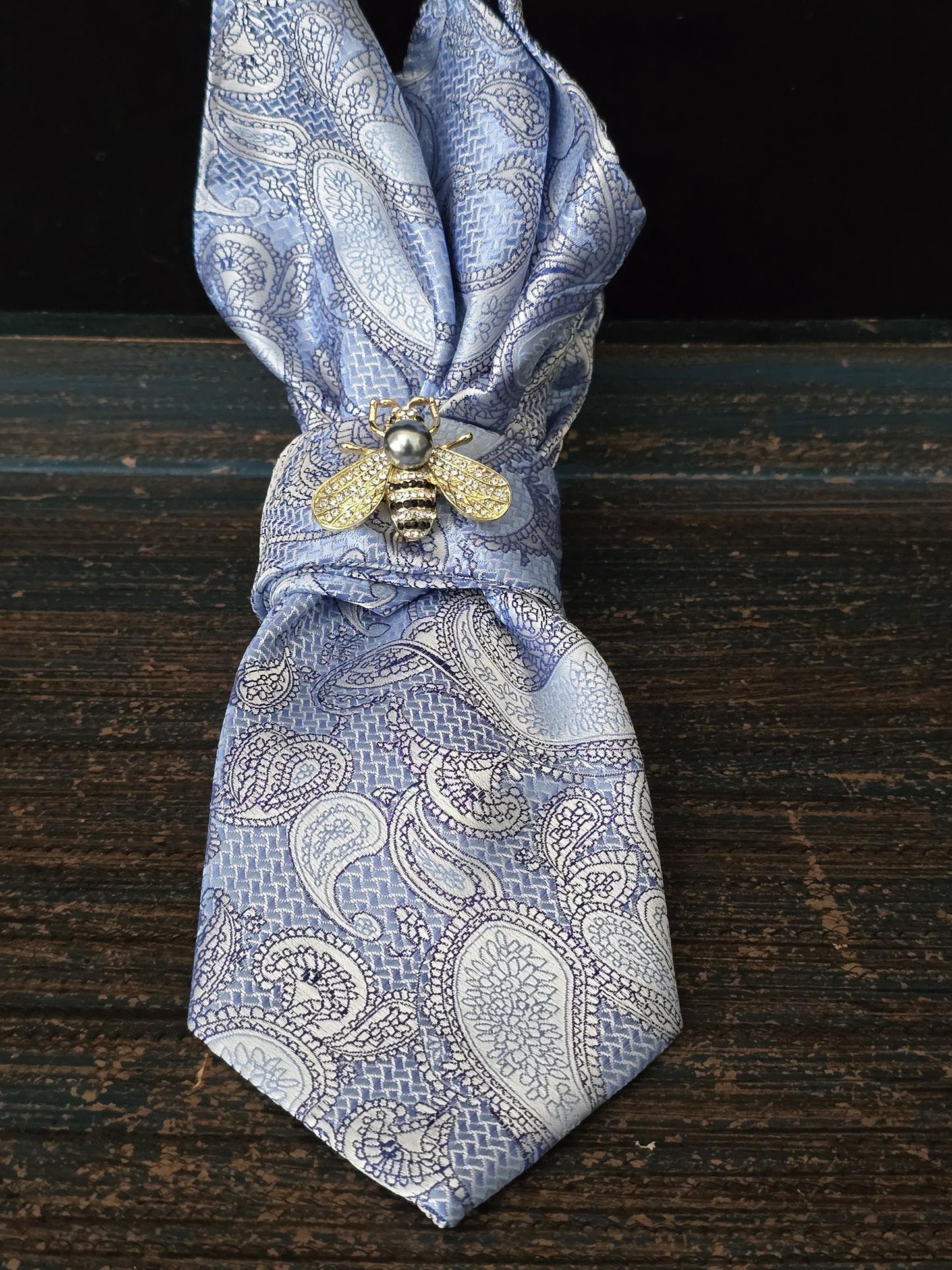 Blue Paisley Silk Necktie Necklace: Rhinestone Bee Brooch