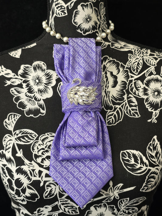 Purple Silk Necktie Necklace: Crystal Swan Brooch, Adjustable Rosary Chain
