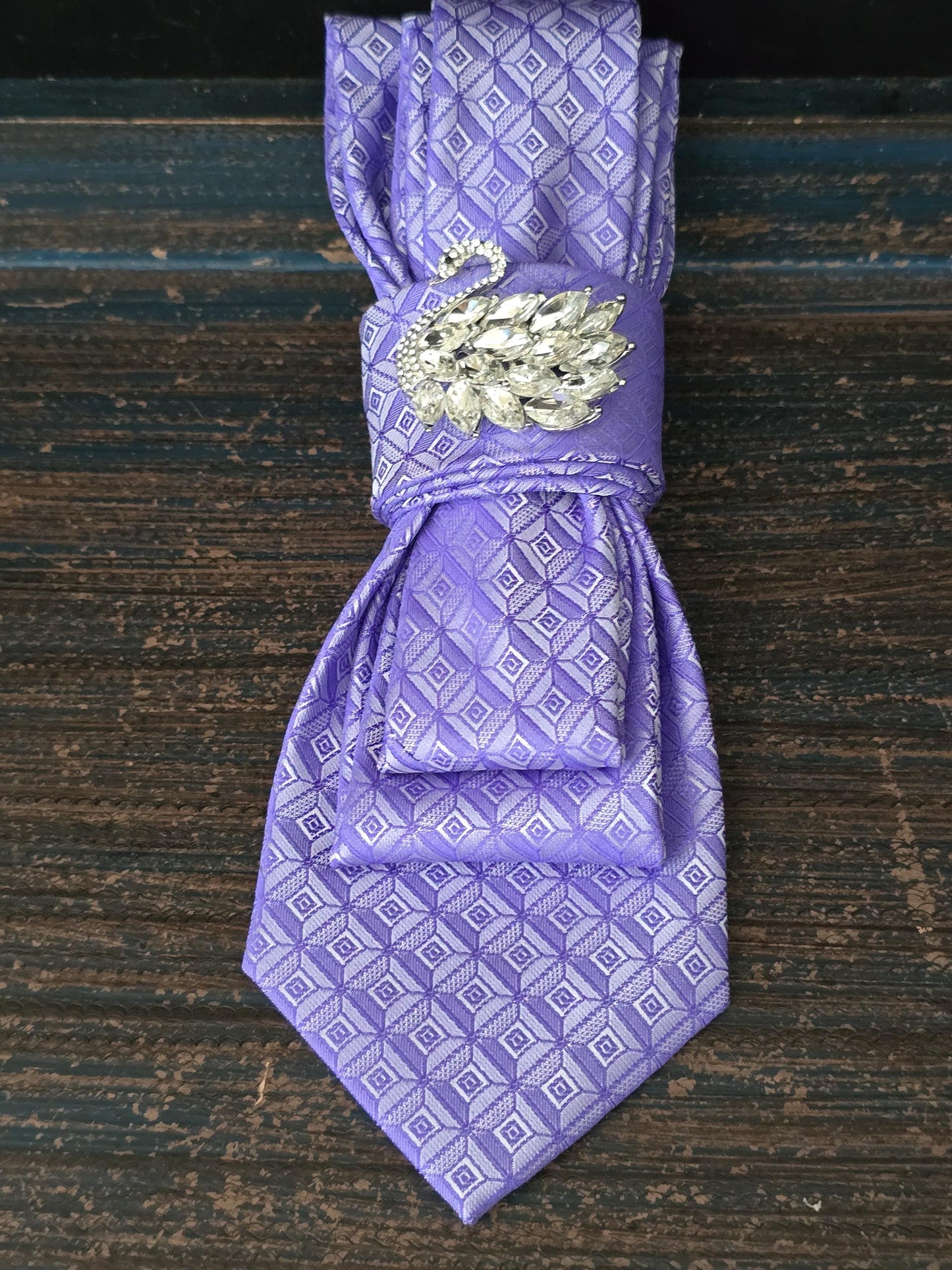 Purple Silk Necktie Necklace: Crystal Swan Brooch, Adjustable Rosary Chain