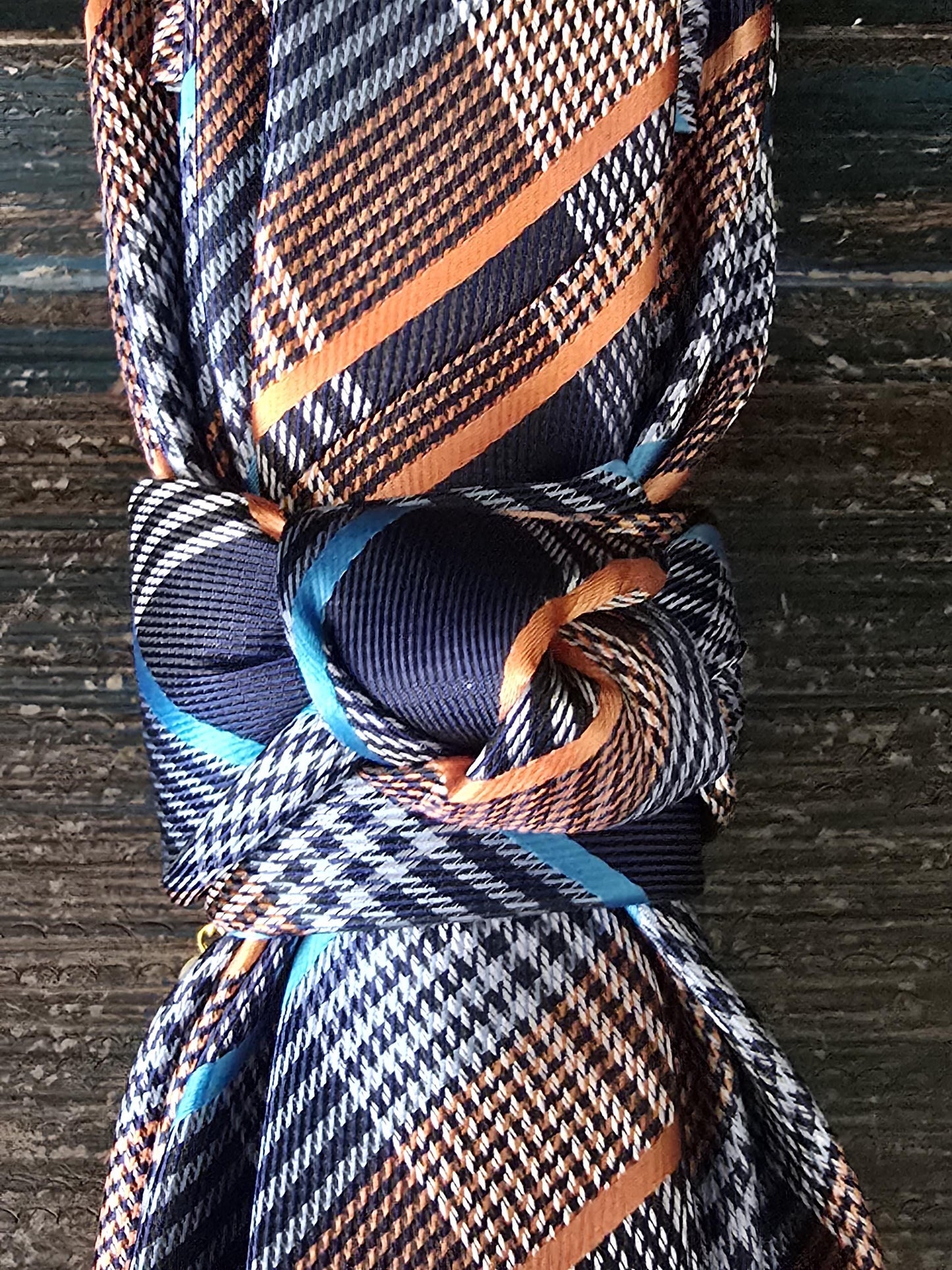 Women's Blue and Orange Plaid Necktie Necklace - Handcrafted Statement Jewelry - Brooch Necktie For Women