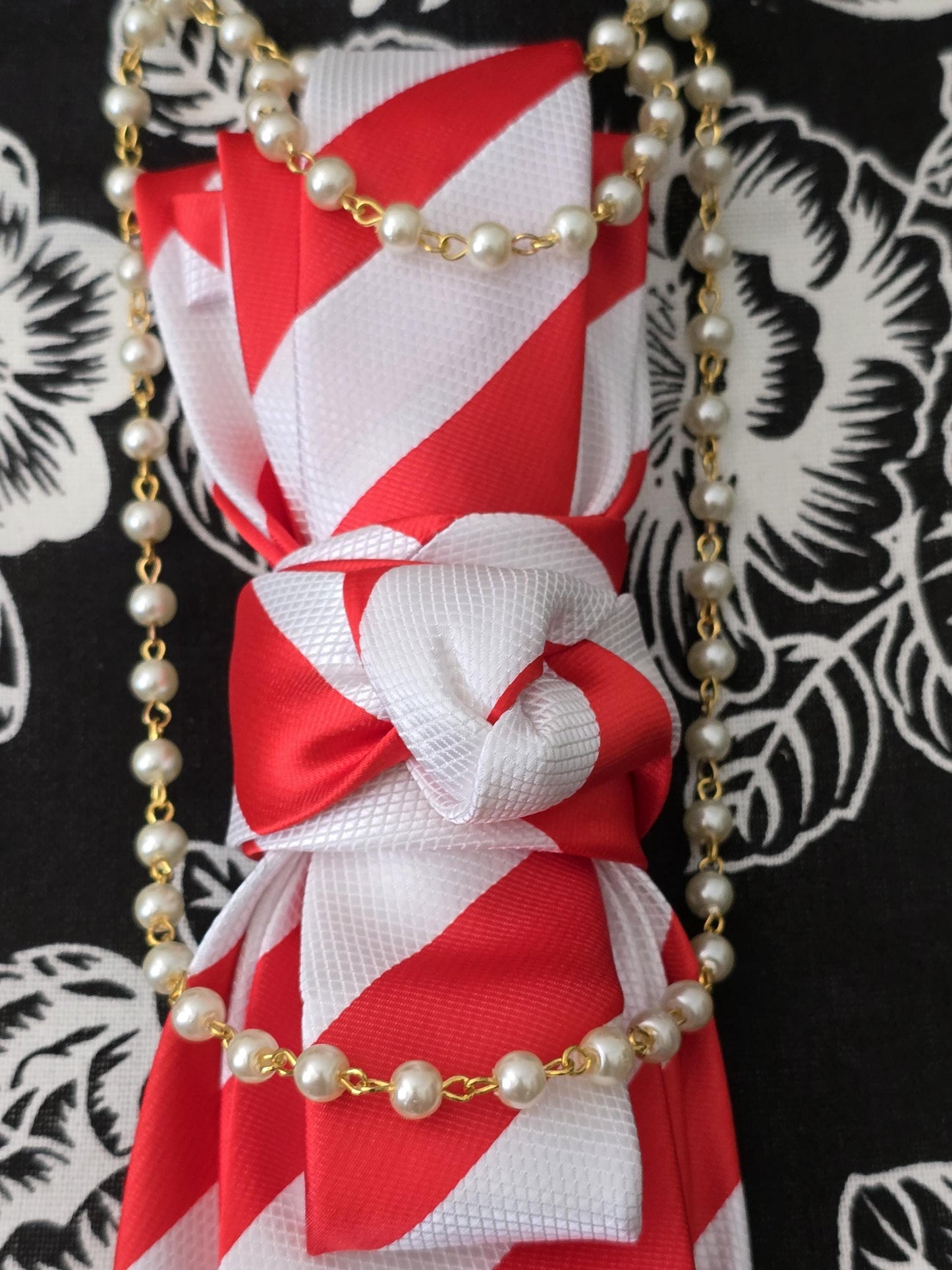 Women's Red and White Striped Necktie Necklace - Handcrafted Statement Jewelry - Brooch Necktie For Women