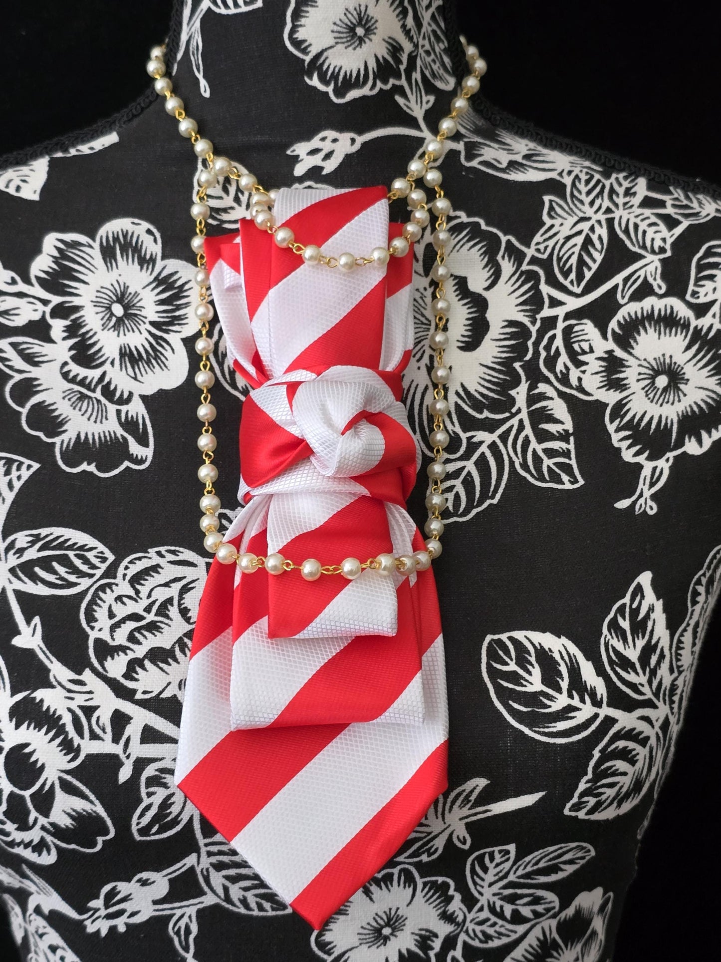 Women's Red and White Striped Necktie Necklace - Handcrafted Statement Jewelry - Brooch Necktie For Women