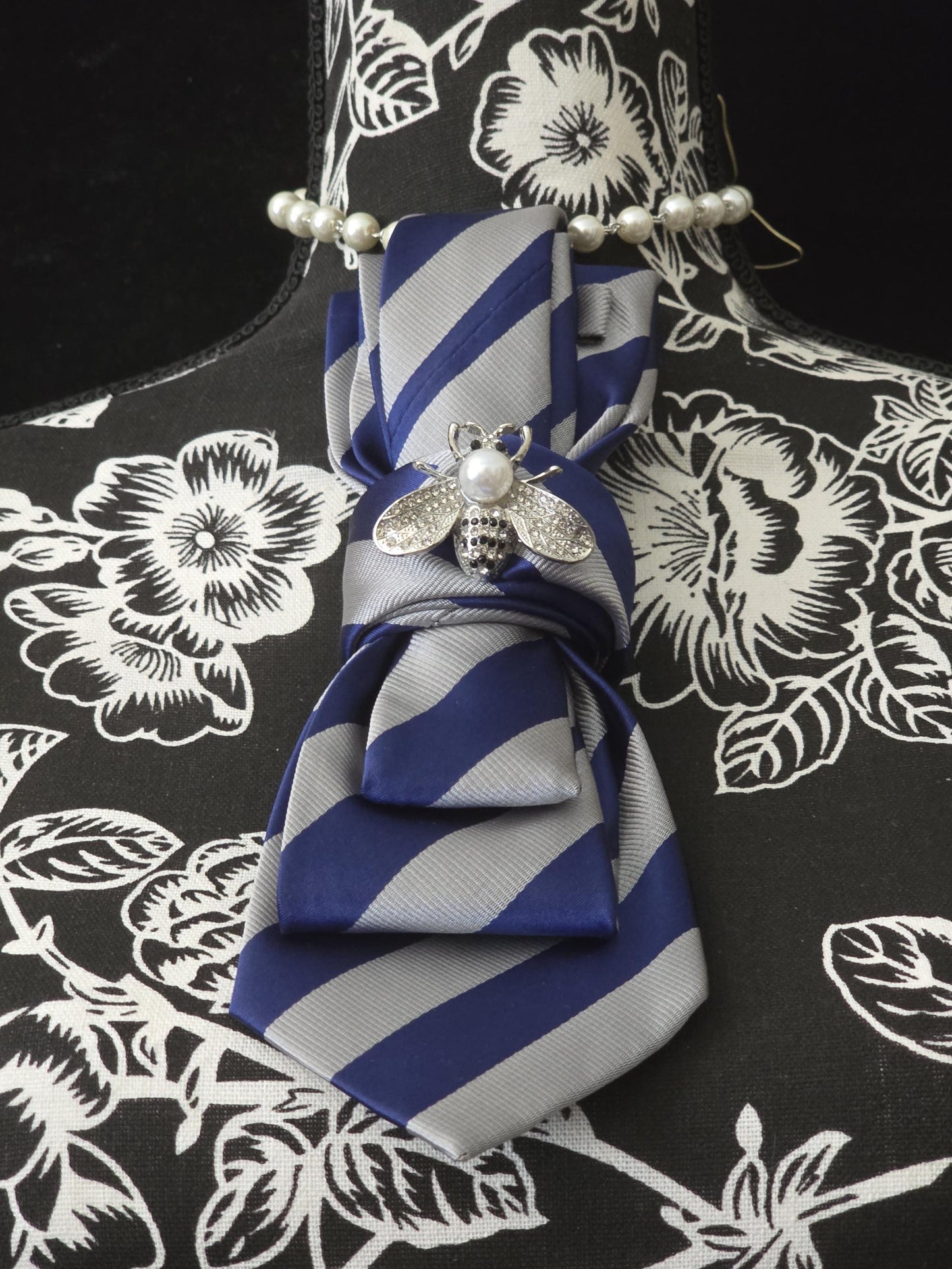 Blue Gray Stripe Silk Necktie Necklace: Rhinestone Bee Brooch