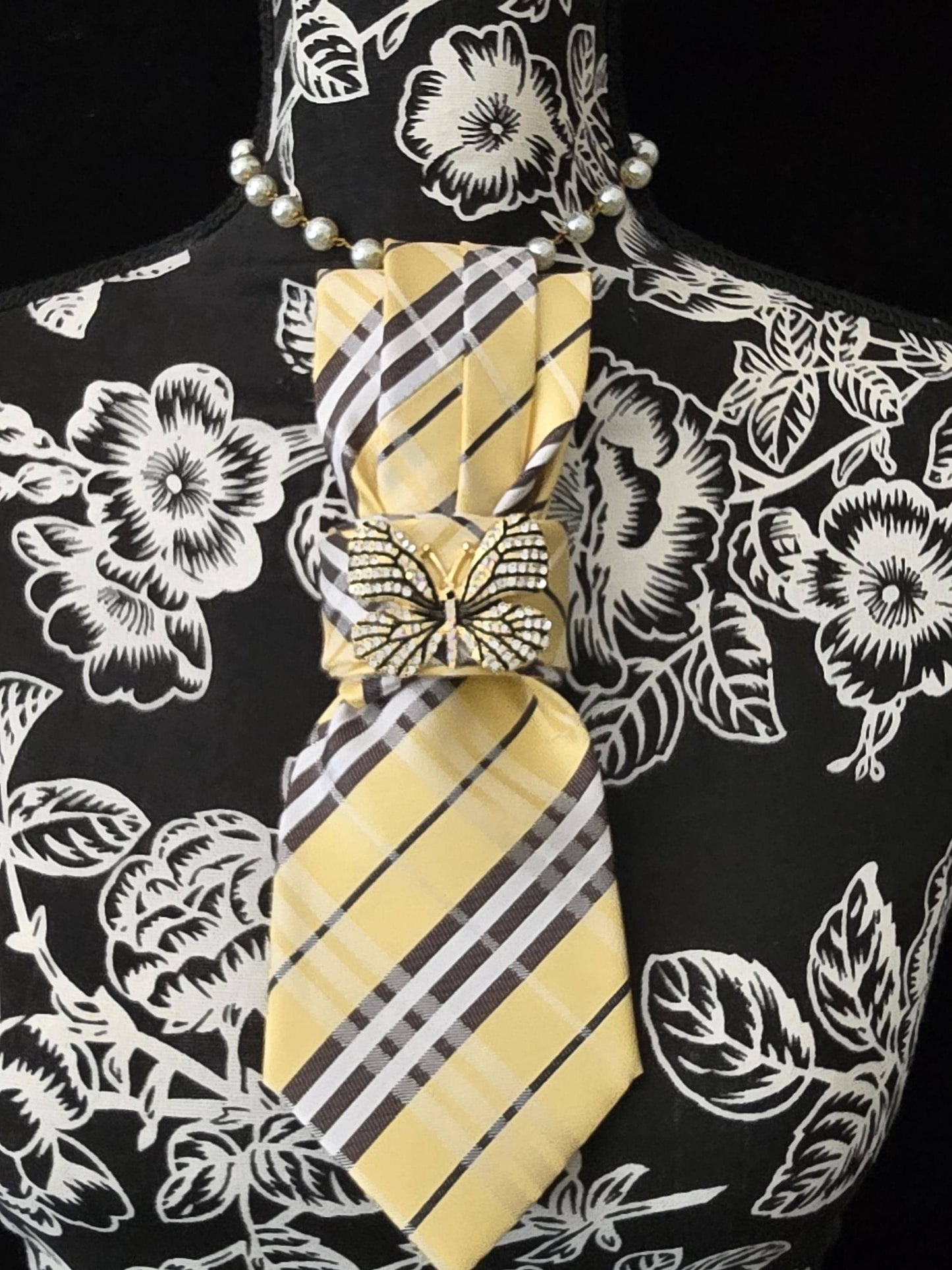 Yellow and Black Plaid Women's Necktie Necklace - Handcrafted Jewelry - Brooch Necktie - Stylish Neckwear For Women