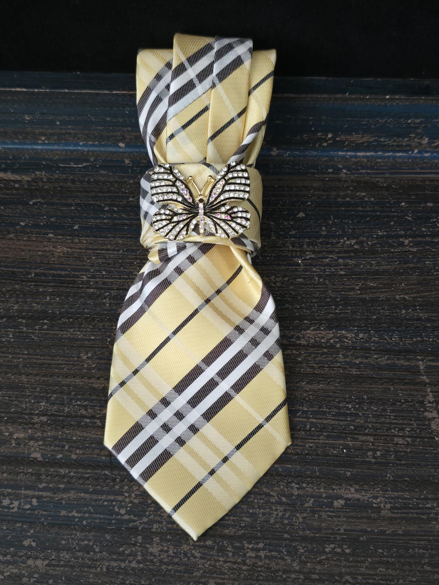 Yellow and Black Plaid Women's Necktie Necklace - Handcrafted Jewelry - Brooch Necktie - Stylish Neckwear For Women