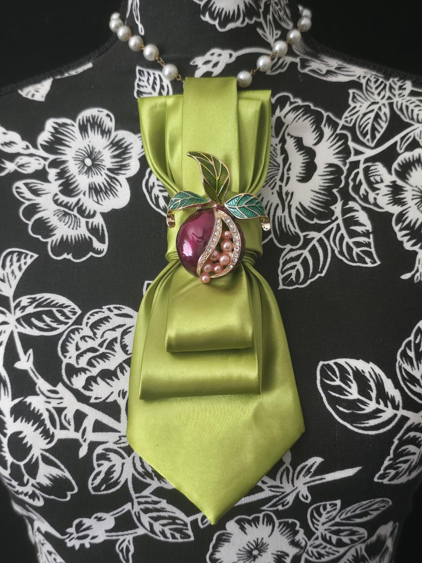 Army Green Satin Tie Necklace: Pearl Pomegranate Brooch, Adjustable Neckwear