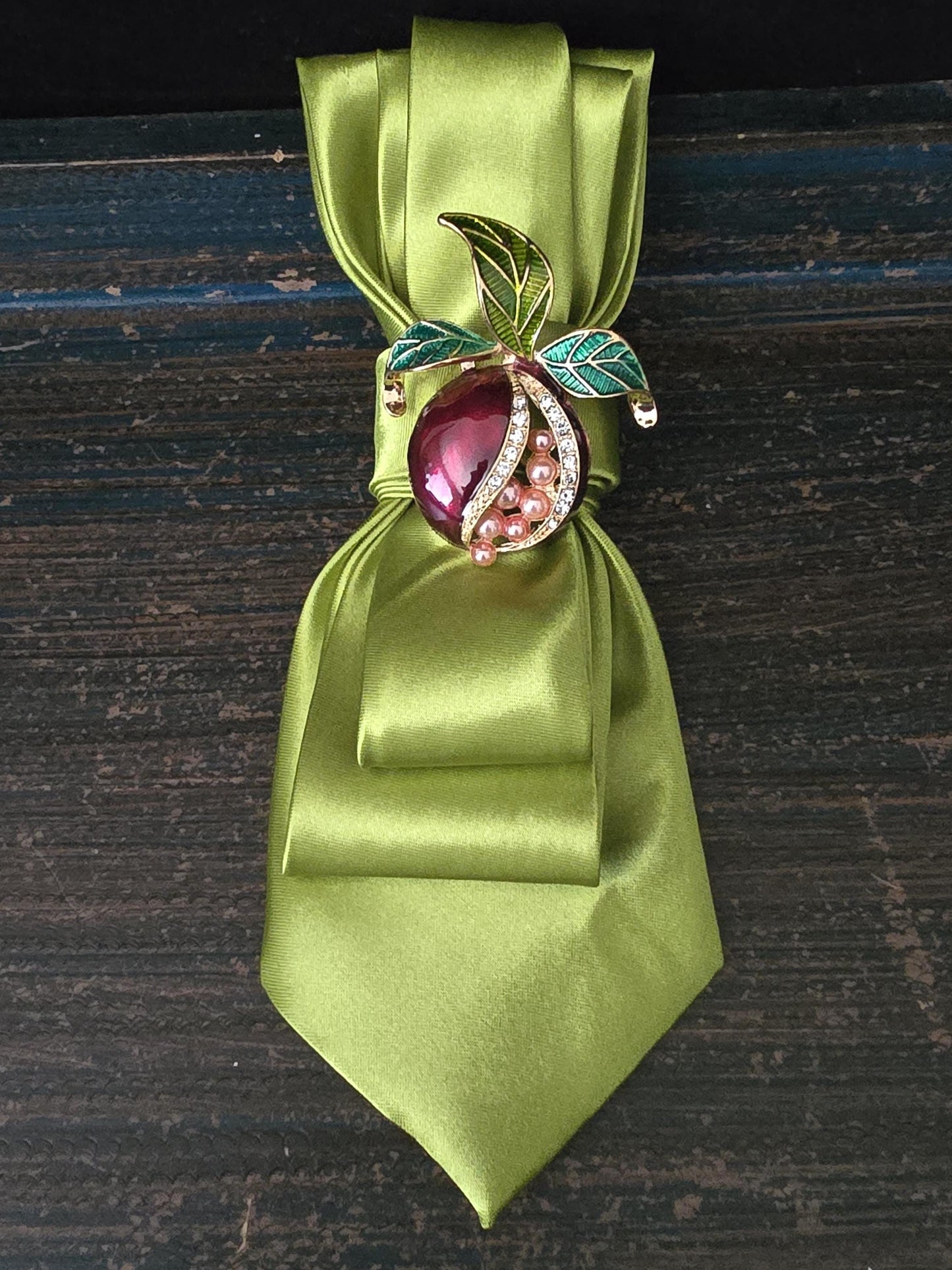 Army Green Satin Tie Necklace: Pearl Pomegranate Brooch, Adjustable Neckwear