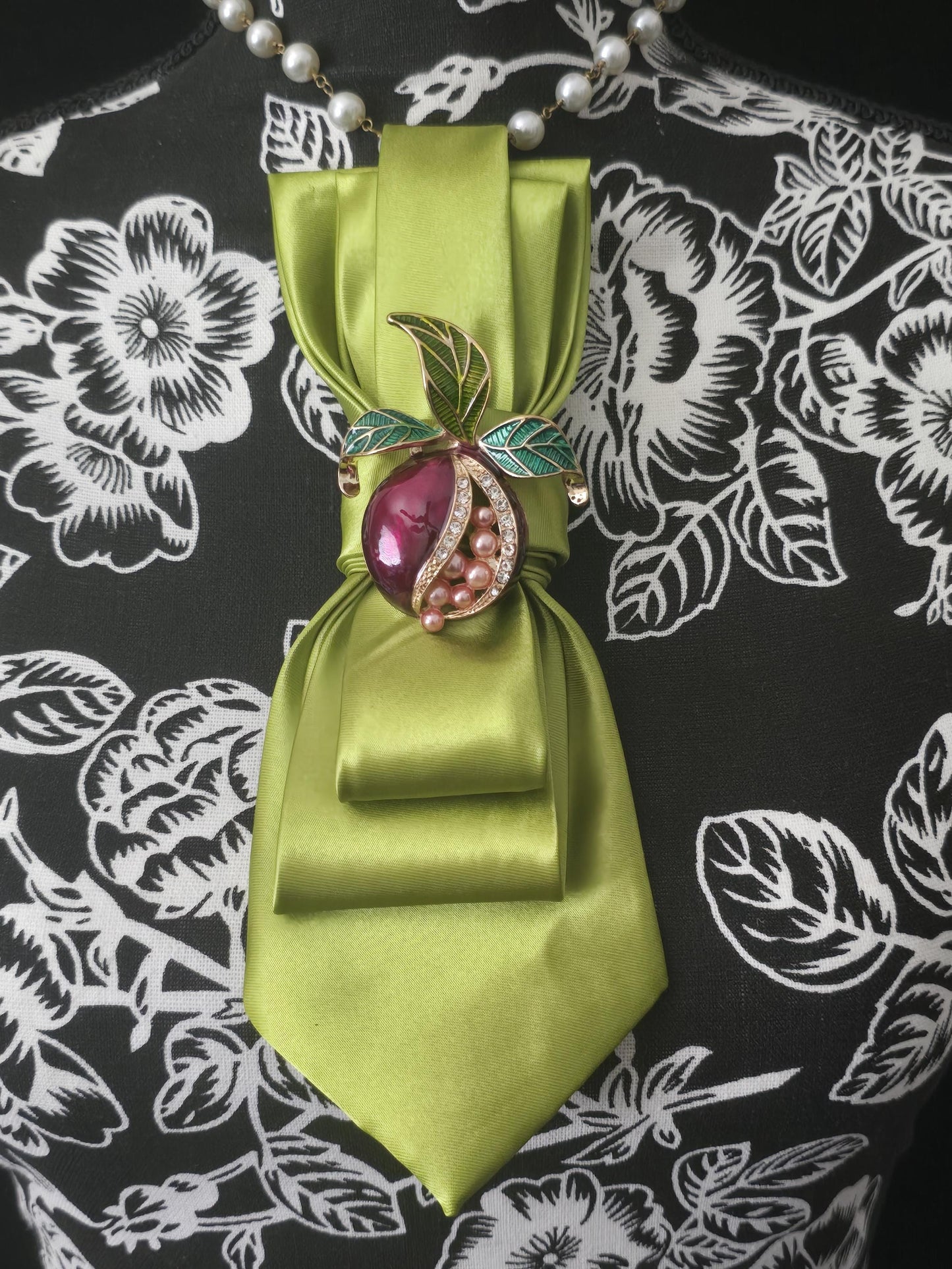 Army Green Satin Tie Necklace: Pearl Pomegranate Brooch, Adjustable Neckwear